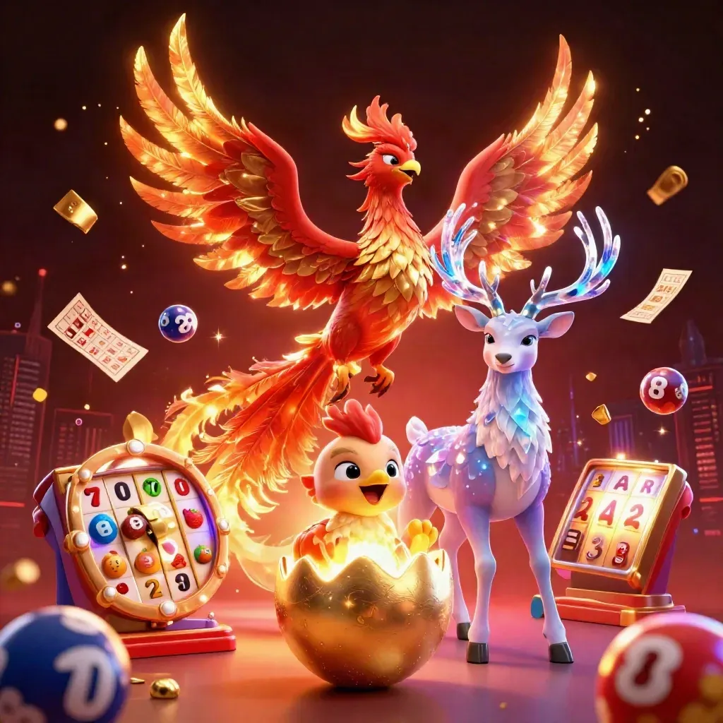 Phoenix trio with glowing casino symbols, neon skyline, and a mystic stag in a gold-lit splash scene
