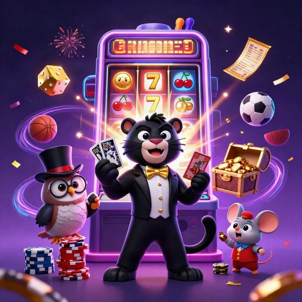 Panther, owl, and mouse amid slot bursts, gold, and flying sports balls