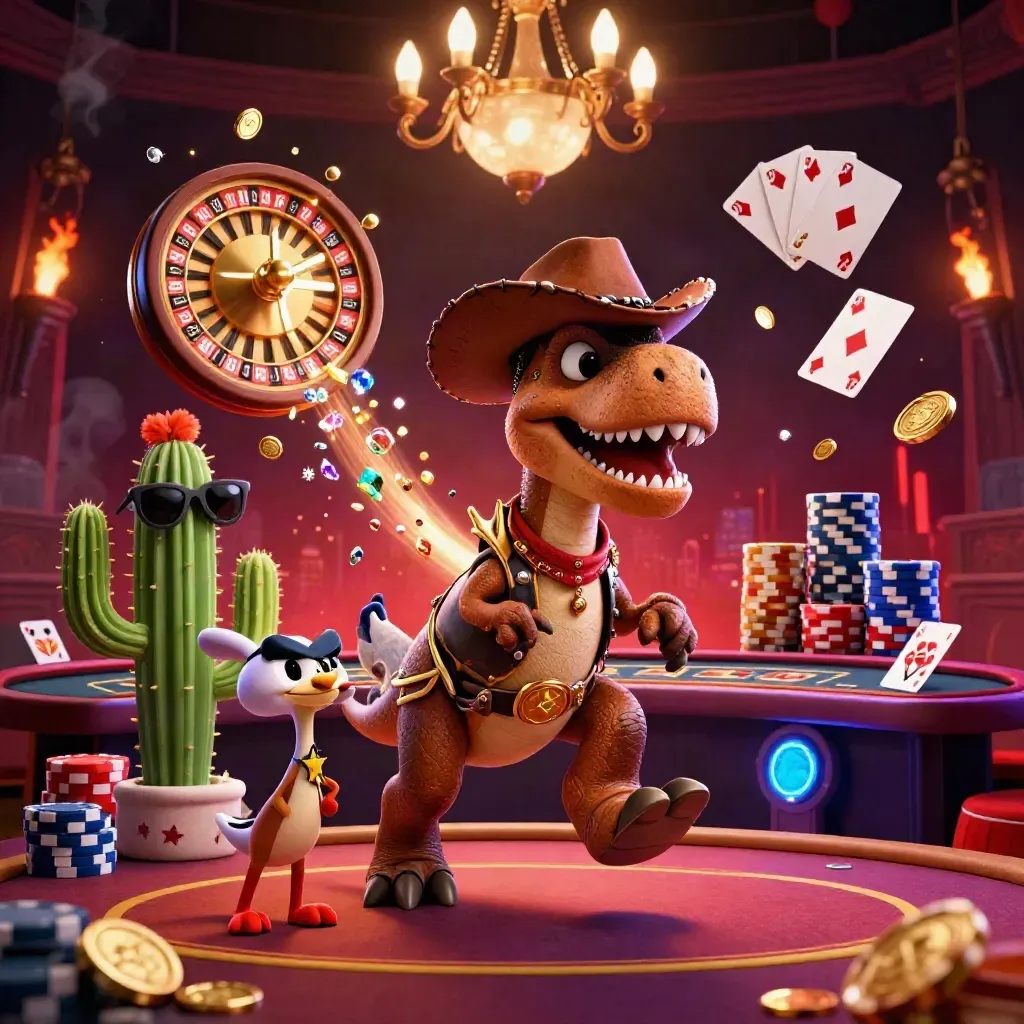 Cowboy T-Rex, cactus, and roadrunner in a glowing neon casino room with coins and roulette.