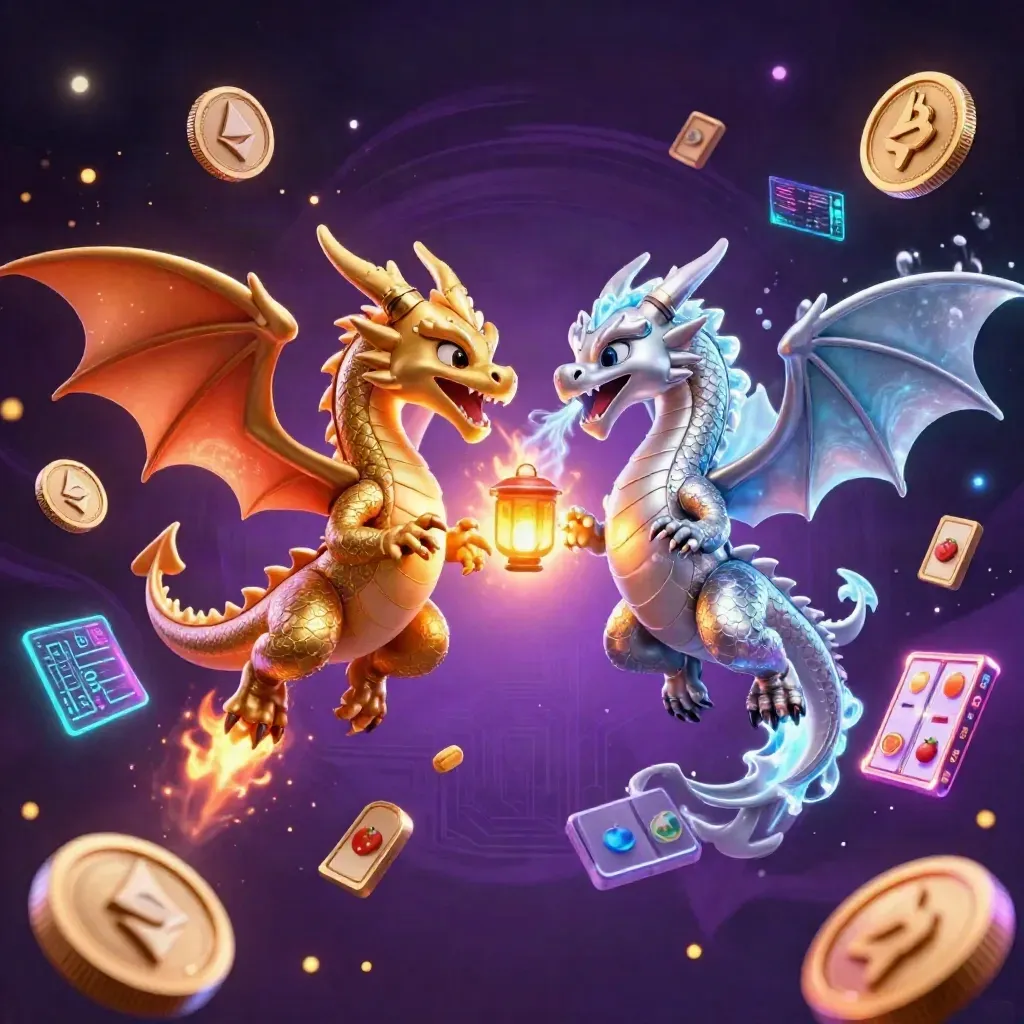 Twin gold and silver dragons with fire and ice in neon casino key art.
