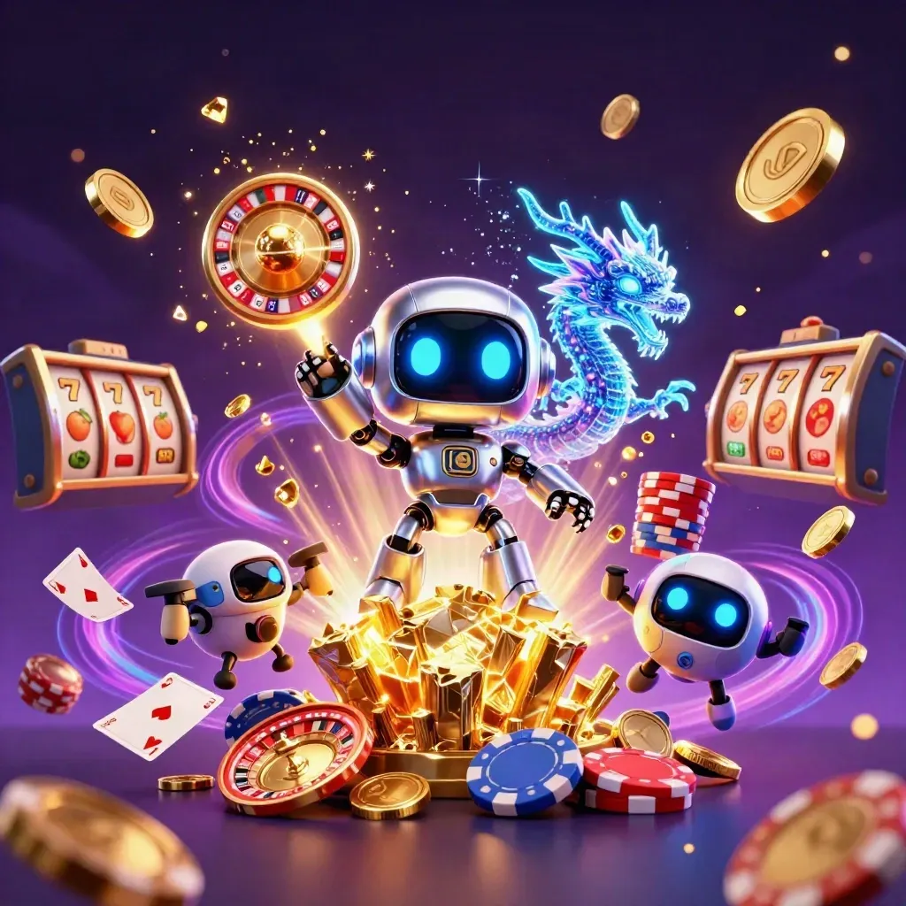 Cyberpunk robot, holographic dragon, and coin drone exploding with gold coins and neon casino energy.