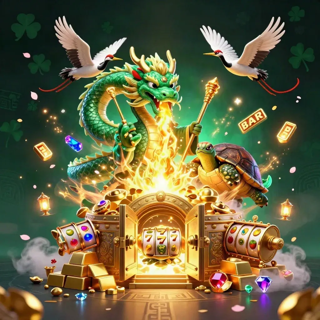 Emerald dragon, turtle sage, and cranes burst through treasure in a neon casino scene.