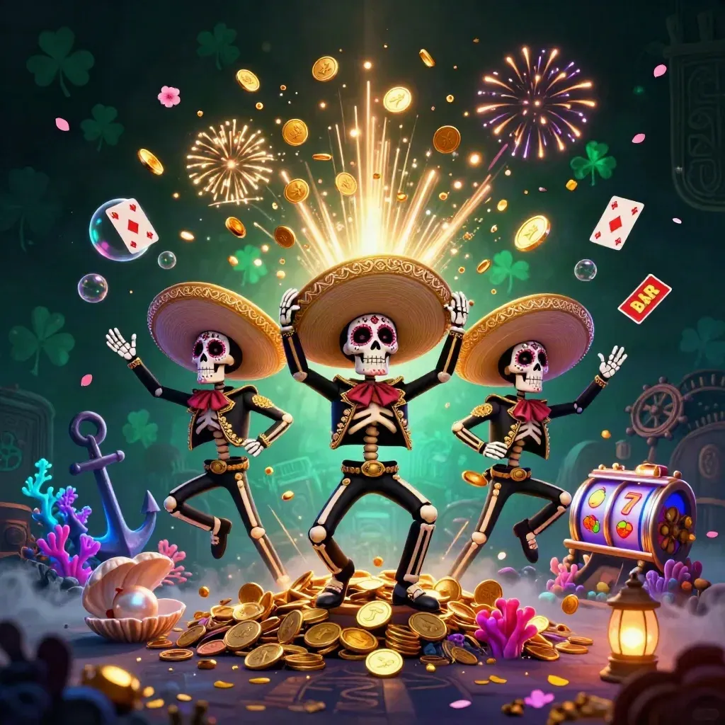 Skeleton mariachi trio in neon casino treasure cove with coins, coral, cards, and fireworks