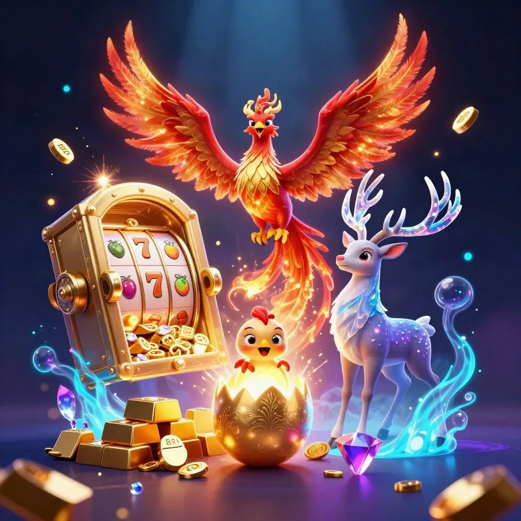 Fire phoenix, baby phoenix, and crystal-antler stag bursting from a vault with casino loot and neon glow.