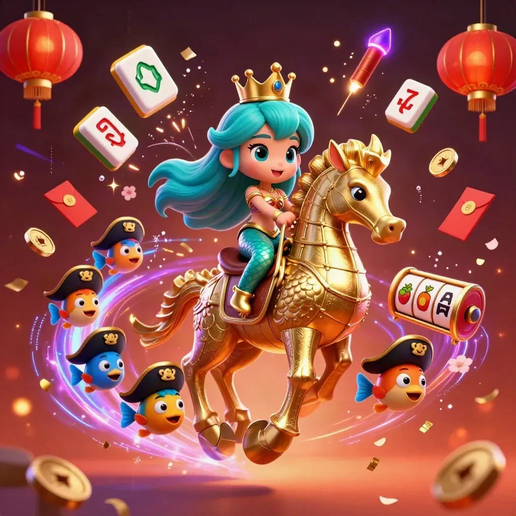 Mermaid princess rides armored seahorse amid slots, coins, lanterns and neon casino bursts.