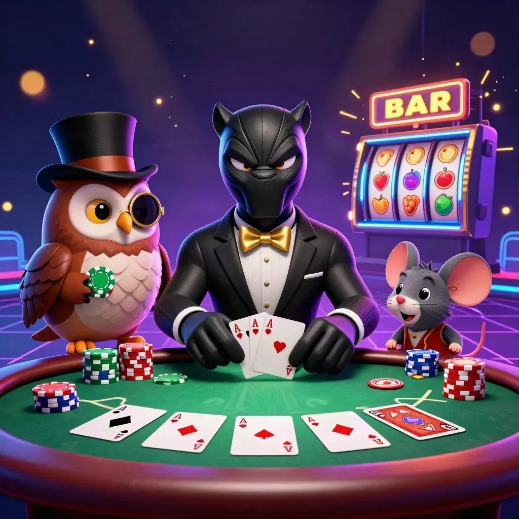 Panther, owl, and mouse in a neon casino scene with chips, cards, and spinning slots.